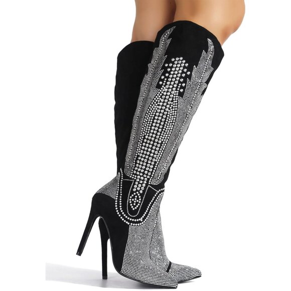 ⚡Women's Black Western Cowgirl Boots Knee High With Stiletto Heels Fashion - Picture 5 of 7